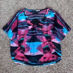 Y2K Vintage Charlotte Russe Flowy Sheer‎ Abstract Multicolor V-Neck Blouse